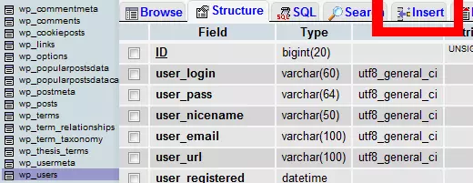 insert wordpress admin